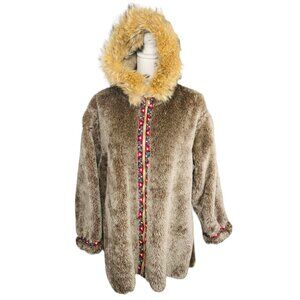 Vintage 70s Hooded Fur Parka Coat Floral Heart Jacquard Ribbon Small - Medium